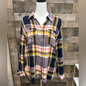 Peyton Jenson Navy and Yellow Plaid Button Down Medium